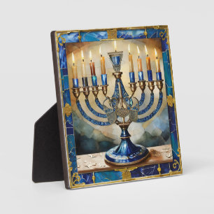 Blauwe Hanukka Menora Fotoplaat