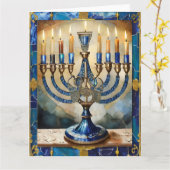 Blauwe Hanukka Menora Kaart (Gele Bloem)