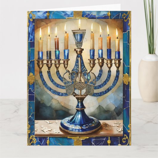 Blauwe Hanukka Menora Kaart (Voorkant)