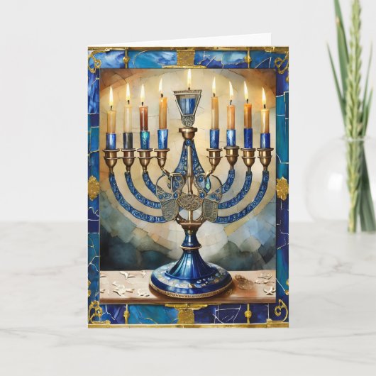Blauwe Hanukka Menora Kaart (Voorkant)