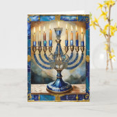 Blauwe Hanukka Menora Kaart (Gele Bloem)