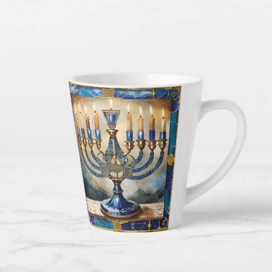 Blauwe Hanukka Menora Latte Mok (Rechts)