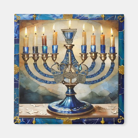 Blauwe Hanukka Menora Magneet (Voorkant)
