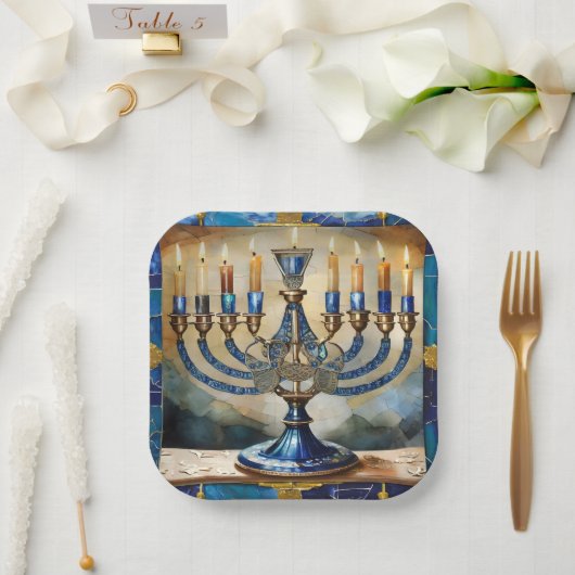 Blauwe Hanukka Menora Papieren Bordje (Huwelijk)