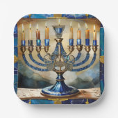 Blauwe Hanukka Menora Papieren Bordje (Voorkant)