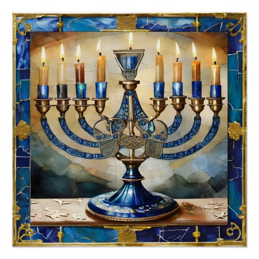 Blauwe Hanukka Menora Perfect Poster (Voorkant)