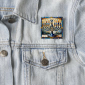 Blauwe Hanukka Menora Vierkante Button 5,1 Cm (In situ)