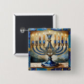 Blauwe Hanukka Menora Vierkante Button 5,1 Cm (Voorkant /achterkant)