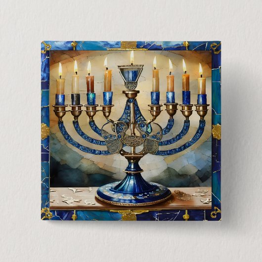 Blauwe Hanukka Menora Vierkante Button 5,1 Cm (Voorkant)