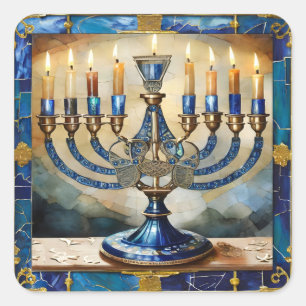 Blauwe Hanukka Menora Vierkante Sticker