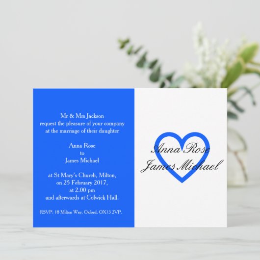 Blauwe Hart bruiloft uitnodiging (Staand voorkant)