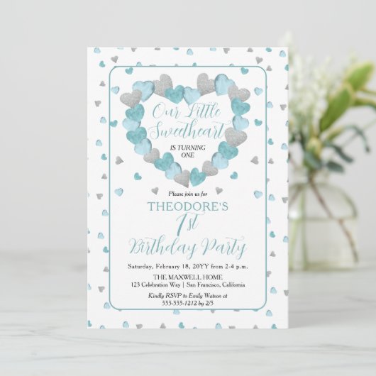 Blauwe harten Kleine Schatje 1e verjaardag Kaart (Staand voorkant)