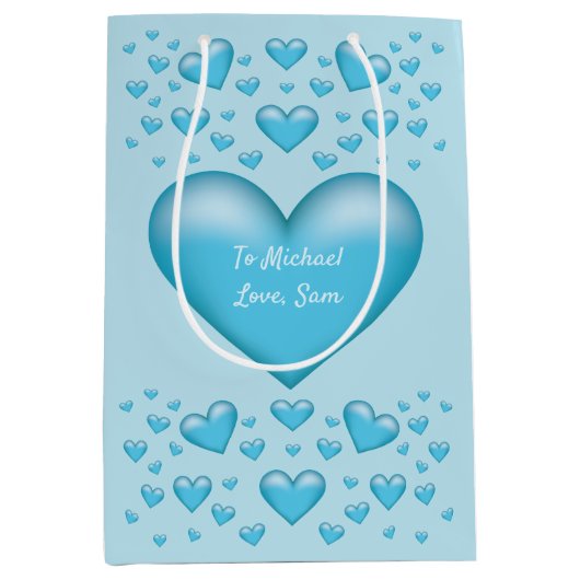 Blauwe harten met aangepaste tekst medium cadeauzakje (Voorkant)