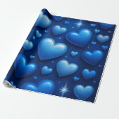 Blauwe harten met sterren patroon cadeaupapier (Uitgerold)