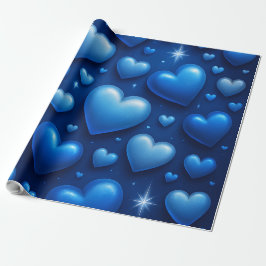 Blauwe harten met sterren patroon cadeaupapier