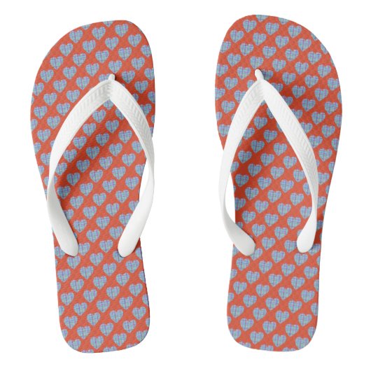Blauwe harten op warm rood teenslippers (Voetbed)