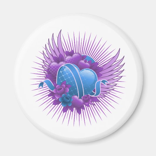 Blauwe harten Rozen en vleugels Magneet (Voorkant)
