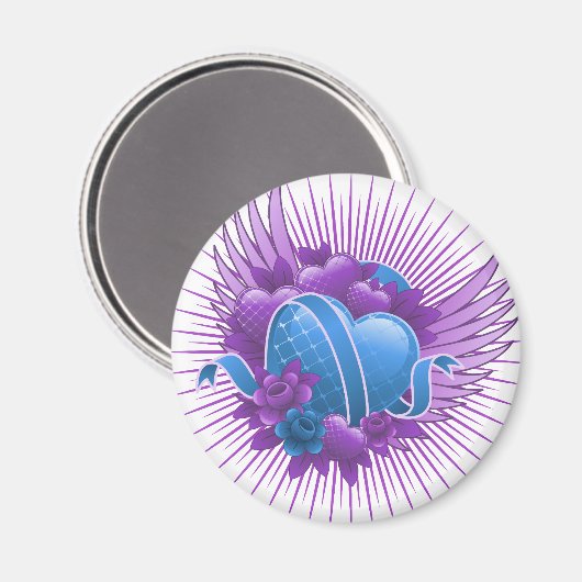 Blauwe harten Rozen en vleugels Magneet (Voorkant / Achterkant)