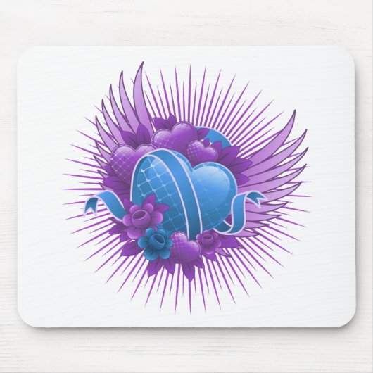 Blauwe harten Rozen en vleugels Muismat (Voorkant)