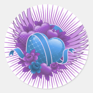 Blauwe harten Rozen en vleugels Ronde Sticker