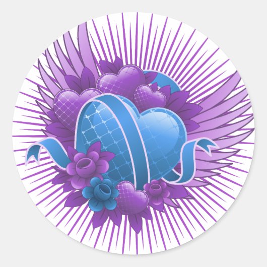 Blauwe harten Rozen en vleugels Ronde Sticker (Voorkant)