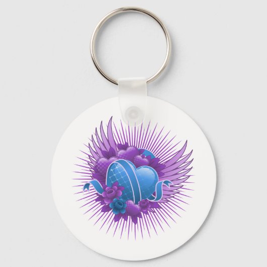 Blauwe harten Rozen en vleugels Sleutelhanger (Voorkant)