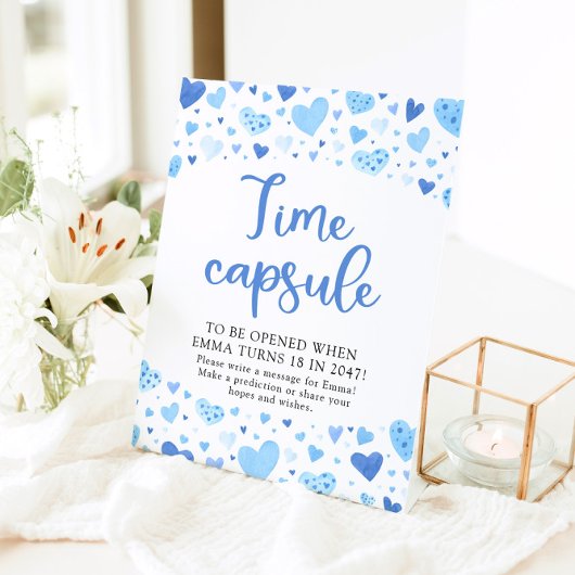 Blauwe harten Valentijn Tijd Capsule Baby shower Reclamebord Met Voetstuk