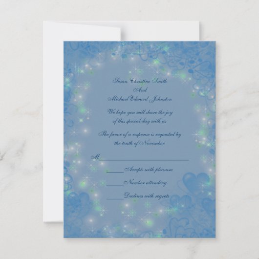 Blauwe Hartjes Glanzende Lichten Bruiloft RSVP Kaartje (Voorkant)