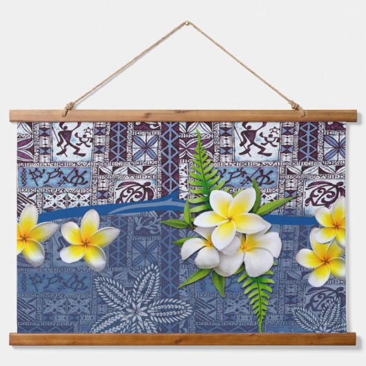 Blauwe Hawaïaanse tapa en plumeria Hangend Wandkleed (Voorkant)