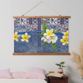 Blauwe Hawaïaanse tapa en plumeria Hangend Wandkleed