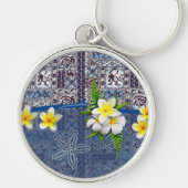 Blauwe Hawaïaanse tapa en plumeria Sleutelhanger (Voorkant)