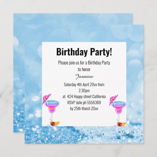 BLAUWE HAWAÏAN BUBBLES & CRYSTALS BIRTHDAPPARTIJ KAART (Voorkant / Achterkant)
