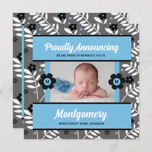 Blauwe hedendaagse geboorteaankondiging Baby Foto Aankondiging (Voorkant / Achterkant)