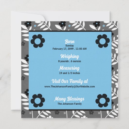 Blauwe hedendaagse geboorteaankondiging Baby Foto Aankondiging (Achterkant)