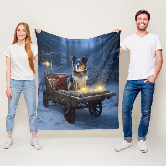 Blauwe Heeler Besneeuwde slee Kerstversiering Fleece Deken (In situ)