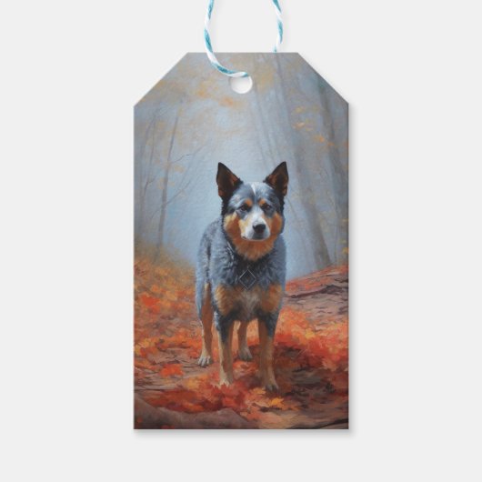 Blauwe Heeler in Herfst laat Herfst inspireren Cadeaulabel (Voorkant)