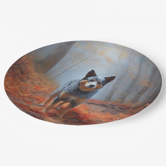 Blauwe Heeler in Herfst laat Herfst inspireren Papieren Bordje (Gekanteld)