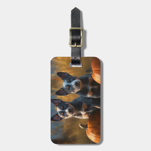 Blauwe Heeler Puppy Herfst Delight Pompoen Bagagelabel (Voorkant verticaal)