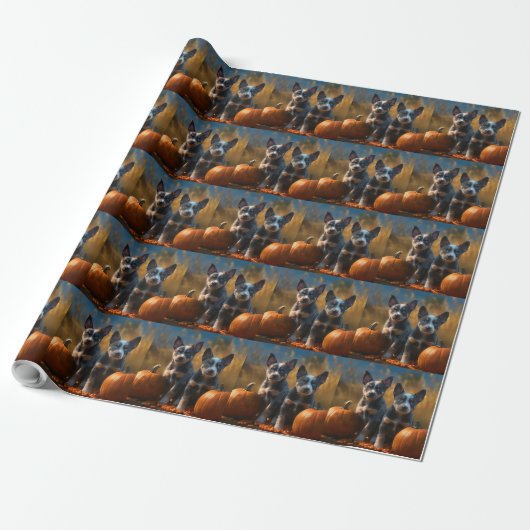 Blauwe Heeler Puppy Herfst Delight Pompoen Cadeaupapier (Uitgerold)
