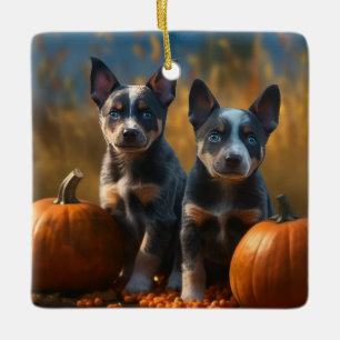 Blauwe Heeler Puppy Herfst Delight Pompoen Keramisch Ornament