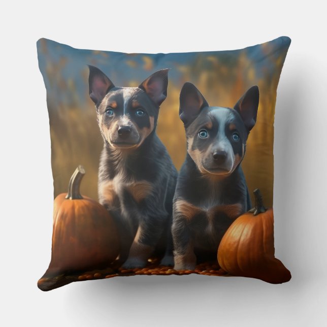 Blauwe Heeler Puppy Herfst Delight Pompoen Kussen (Achterkant)