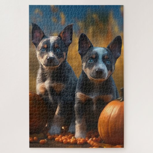 Blauwe Heeler Puppy Herfst Delight Pompoen Legpuzzel (Verticaal)