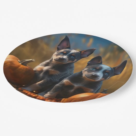 Blauwe Heeler Puppy Herfst Delight Pompoen Papieren Bordje (Gekanteld)