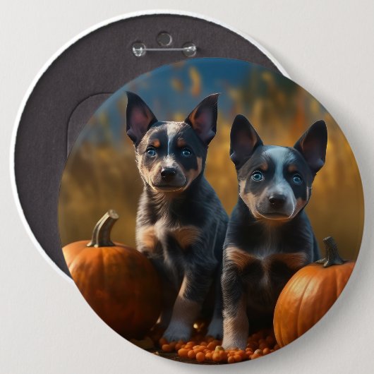 Blauwe Heeler Puppy Herfst Delight Pompoen Ronde Button 6,0 Cm (Voorkant /achterkant)