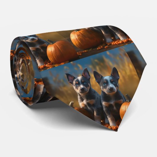 Blauwe Heeler Puppy Herfst Delight Pompoen Stropdas (Opgerold)