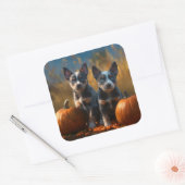 Blauwe Heeler Puppy Herfst Delight Pompoen Vierkante Sticker (Envelop)