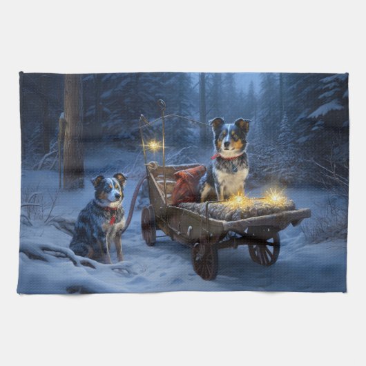 Blauwe Heeler Sneeuw Slede Kerst Decoratie Theedoek (Horizontaal)