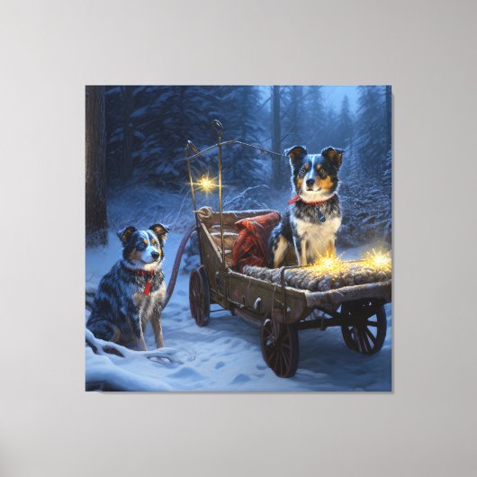 Blauwe Heeler Sneeuwslee Kerstdecoratie Canvas Afdruk (Voorkant)