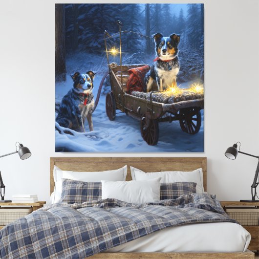 Blauwe Heeler Sneeuwslee Kerstdecoratie Canvas Afdruk (Insitu (Slaapkamer))
