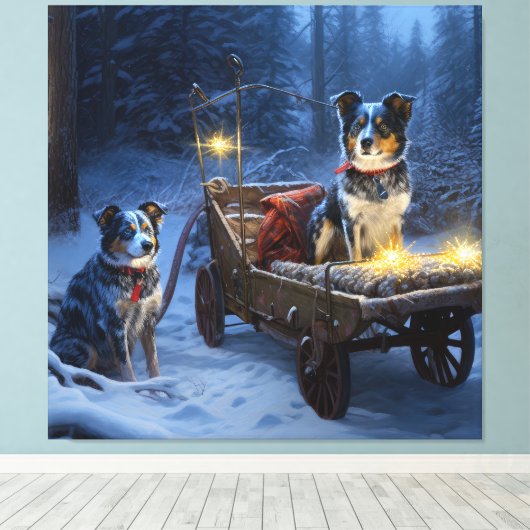 Blauwe Heeler Sneeuwslee Kerstdecoratie Canvas Afdruk (Insitu (Houten vloer))